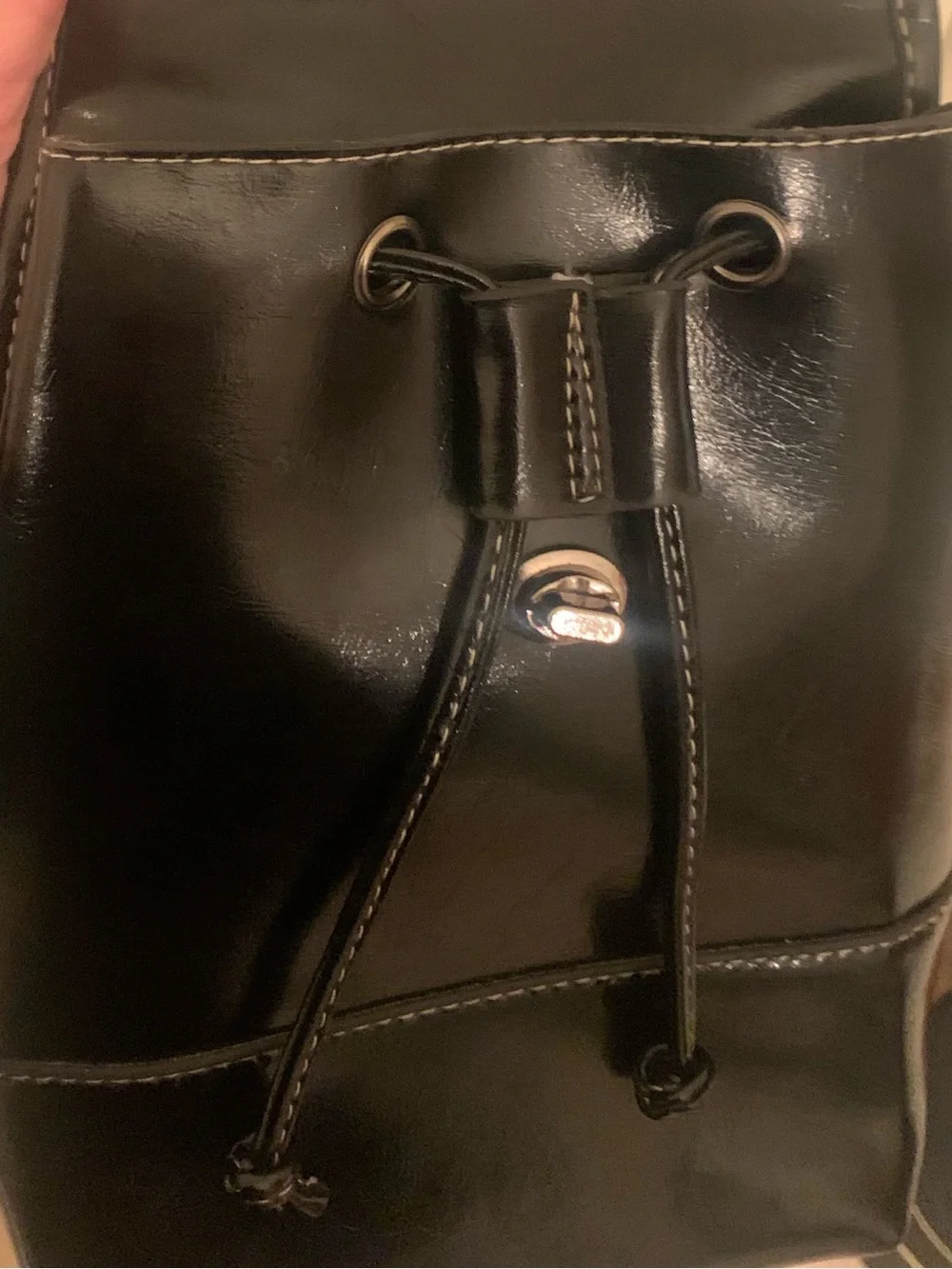 Black Faux Leather Drawstring Backpack - Unbranded
